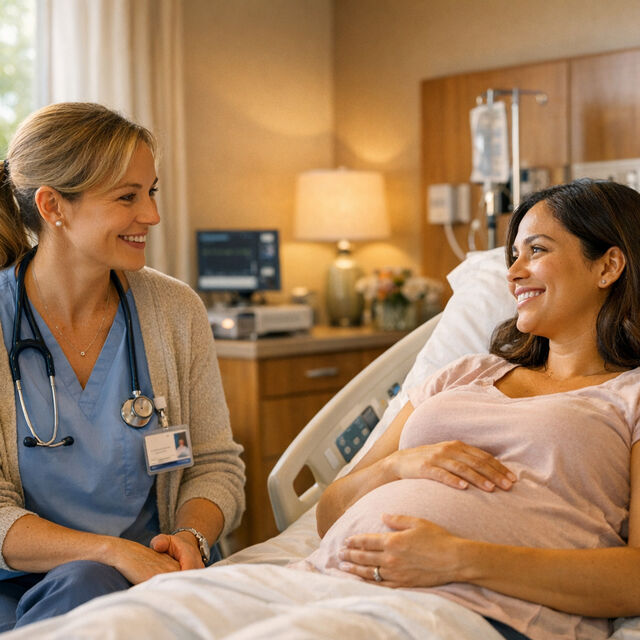 Pregnant hospital room midwife smiling
