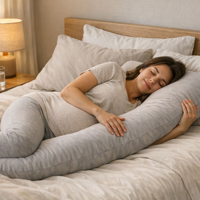 Pregnant woman side sleeping in bed