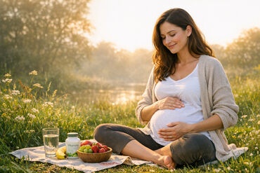 Happy pregnant mom in nature smiling