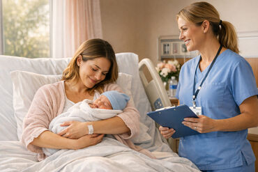 New mom holding newborn with nurse smiling