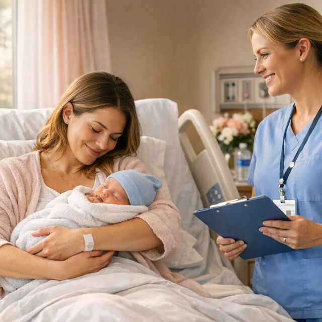 New mom holding newborn with nurse smiling