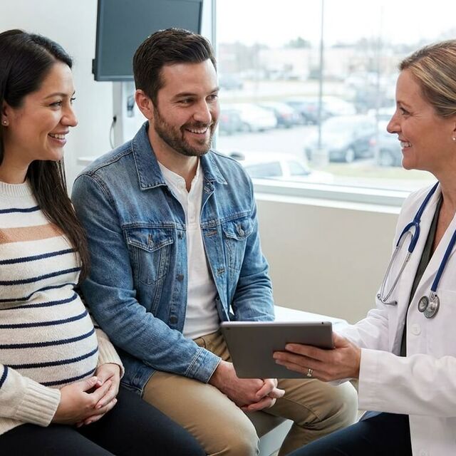 Expecting couple talking doctor about delayed cord clamping americord
