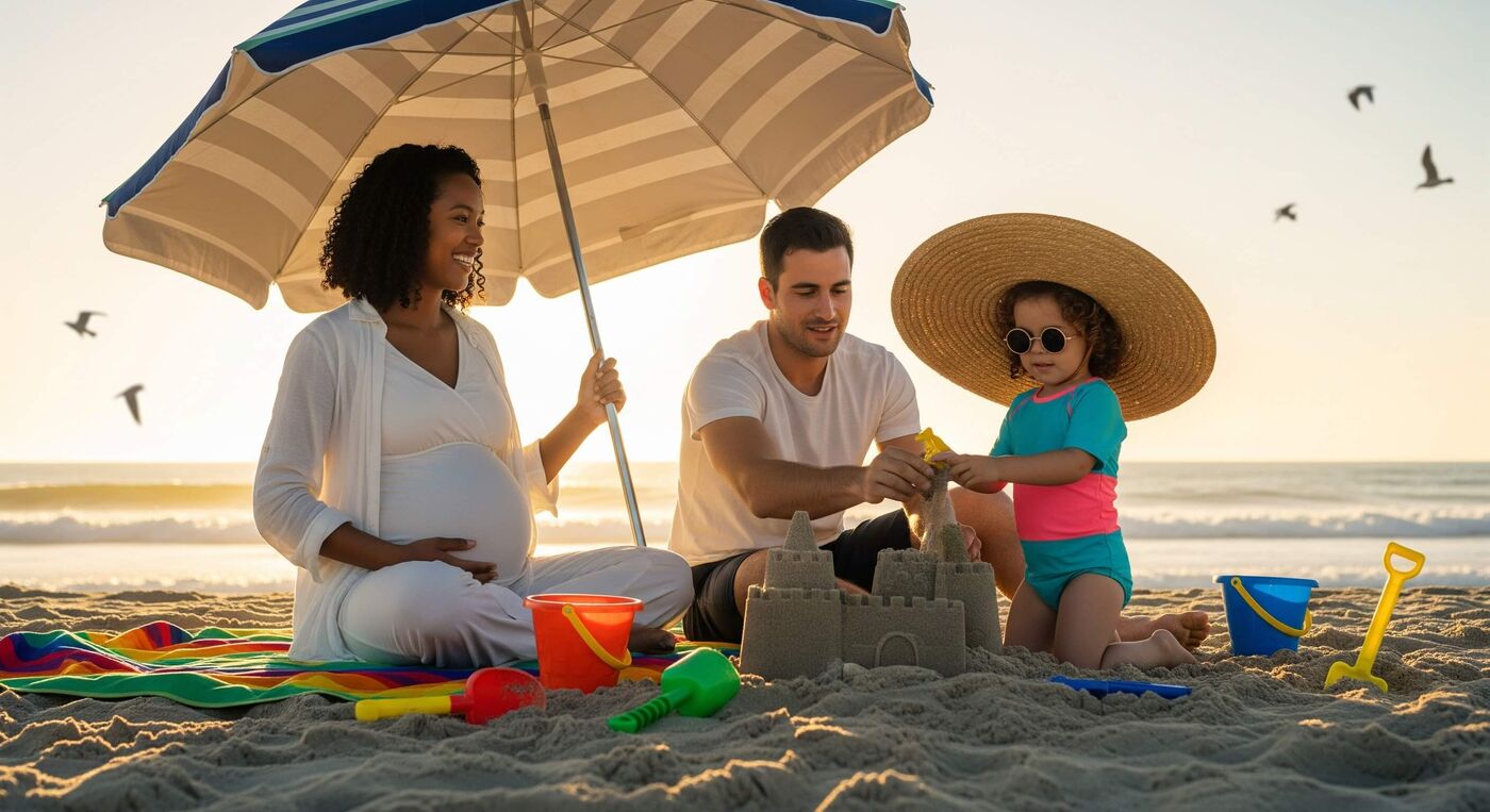 Expecting parents with todller on the beach sitting under an umbrella building an umbrella