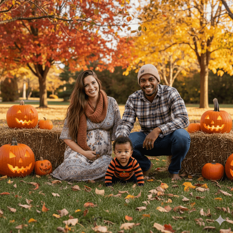 Young expecting couple pozing with their toddler fall pumpkin patch