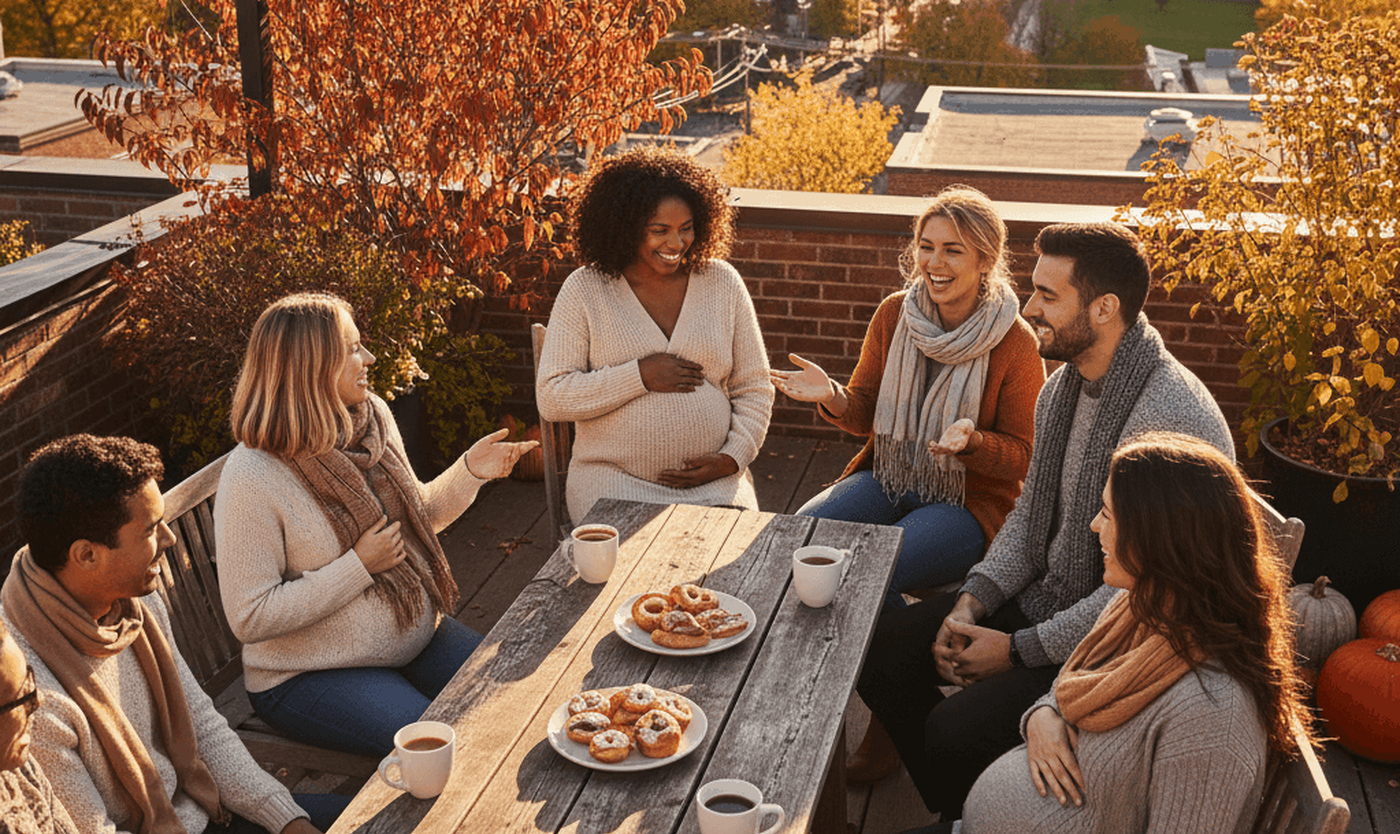 Americord expecting couples having brunch on beautiful fall day