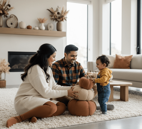 Expecting family decorating for fall with their baby smaller desktop