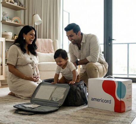 Parents packing their hospital bag with baby climbing in go bag with americord colleciton kit